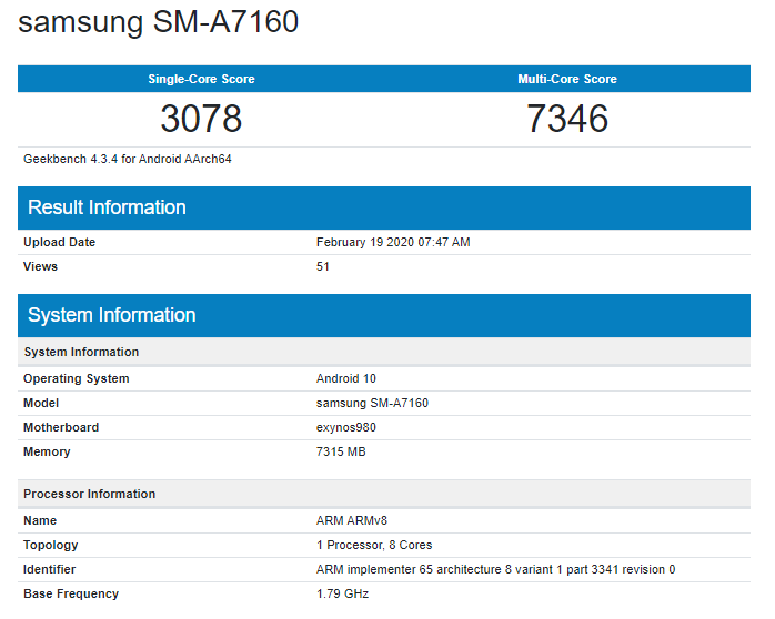Samsung Galaxy A71 с 5G появился в Geekbench